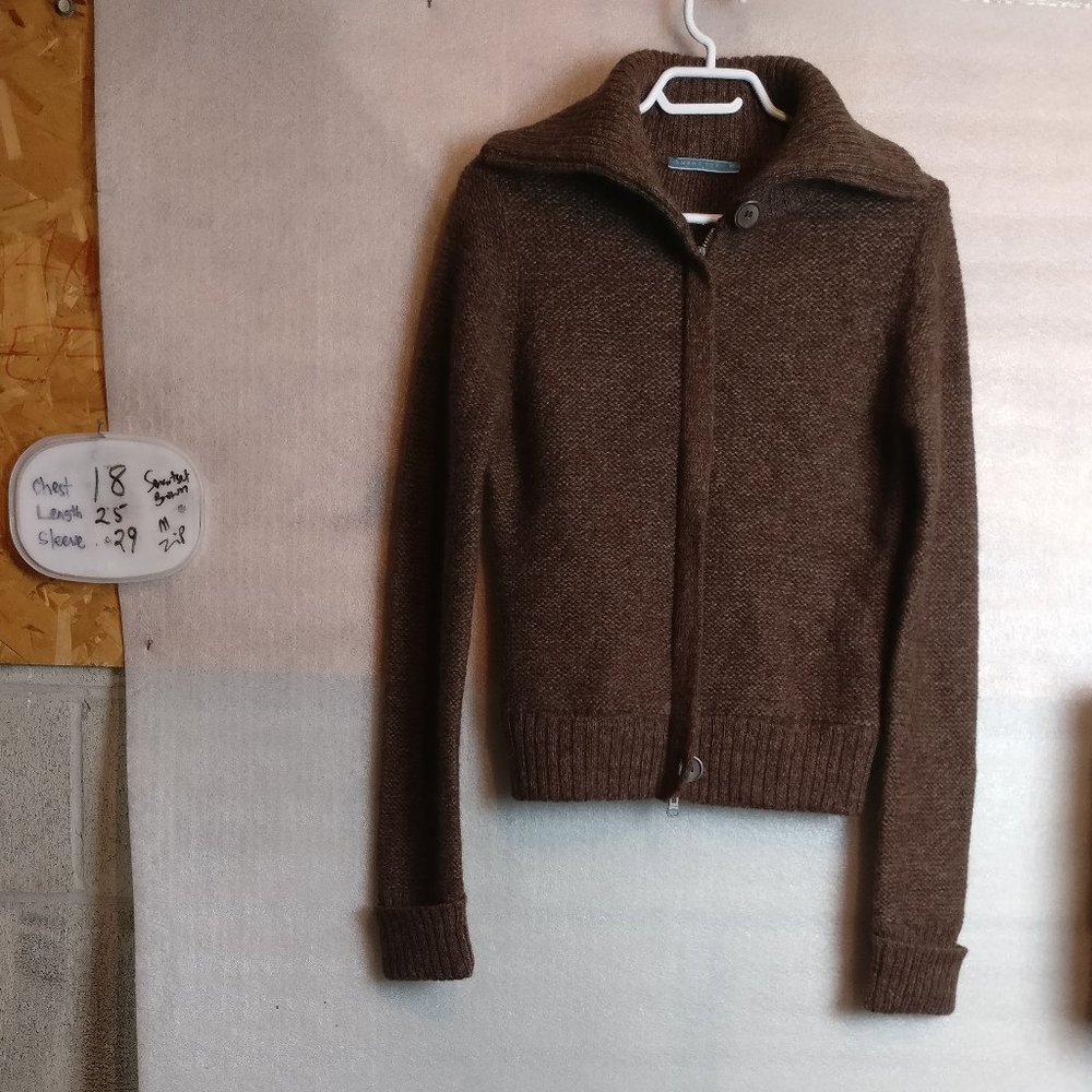 Collared Chocolate Brown Wool Sweater Jacket with Front Zip & 2pockets MEDIUM